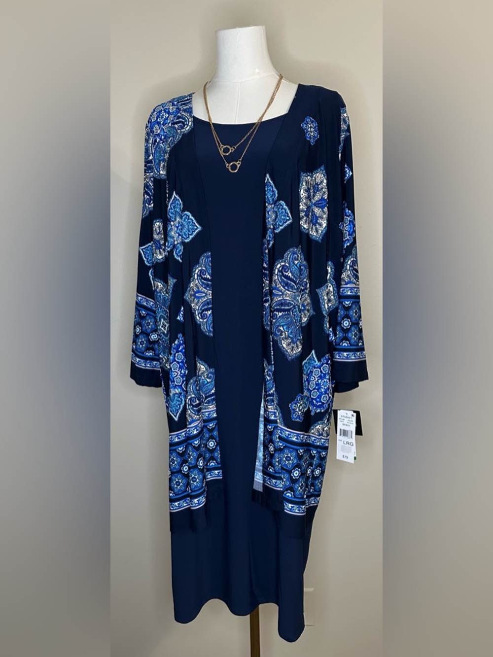 STUDIO ONE NEW YORK Dress Women’s Large Navy/Blue Floral Long Sleeve